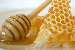 Honey dipper and honey comb in a bowl of honey.