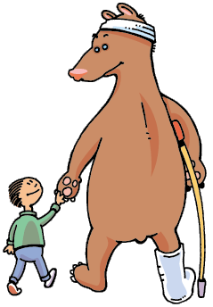 Cartoon image of a small child helping a bear with a broken leg.