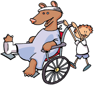 Cartoon illustration of a small child pushing a wheelchair with a bear in it.