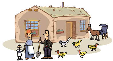 Cartoon illustration of a homesteading family in front of their cabin.