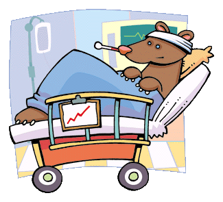 Cartoon of a bear in a hospital bed.