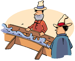 Cartoon illustration of two minors working a sluice box.