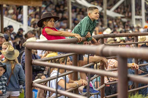 Kids standing on the rails watching the rodeo.